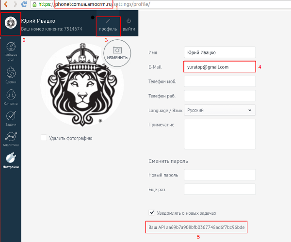 Данные профиля в amoCRM